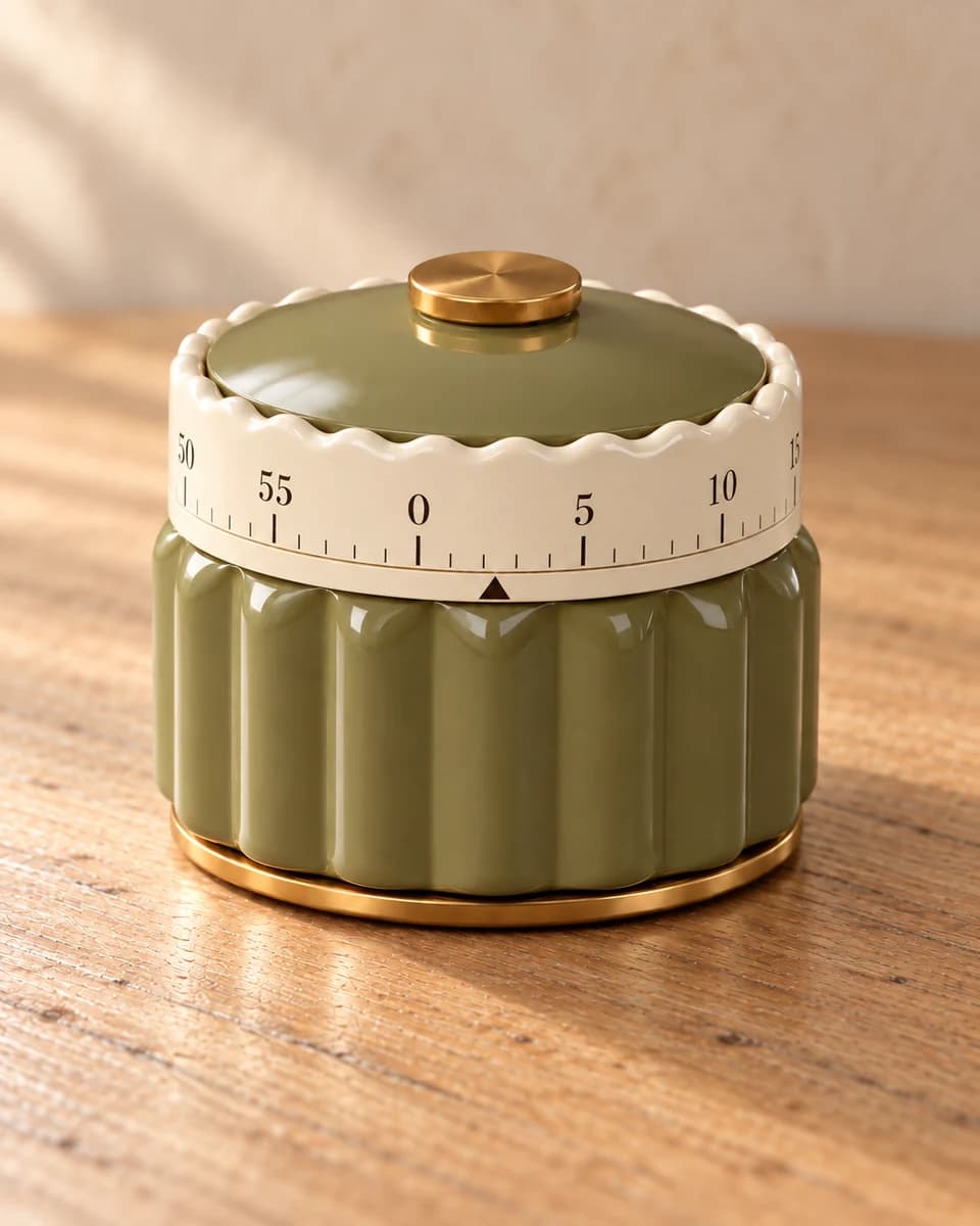 Olive Scallop Timer close-up on pale oak in soft window light