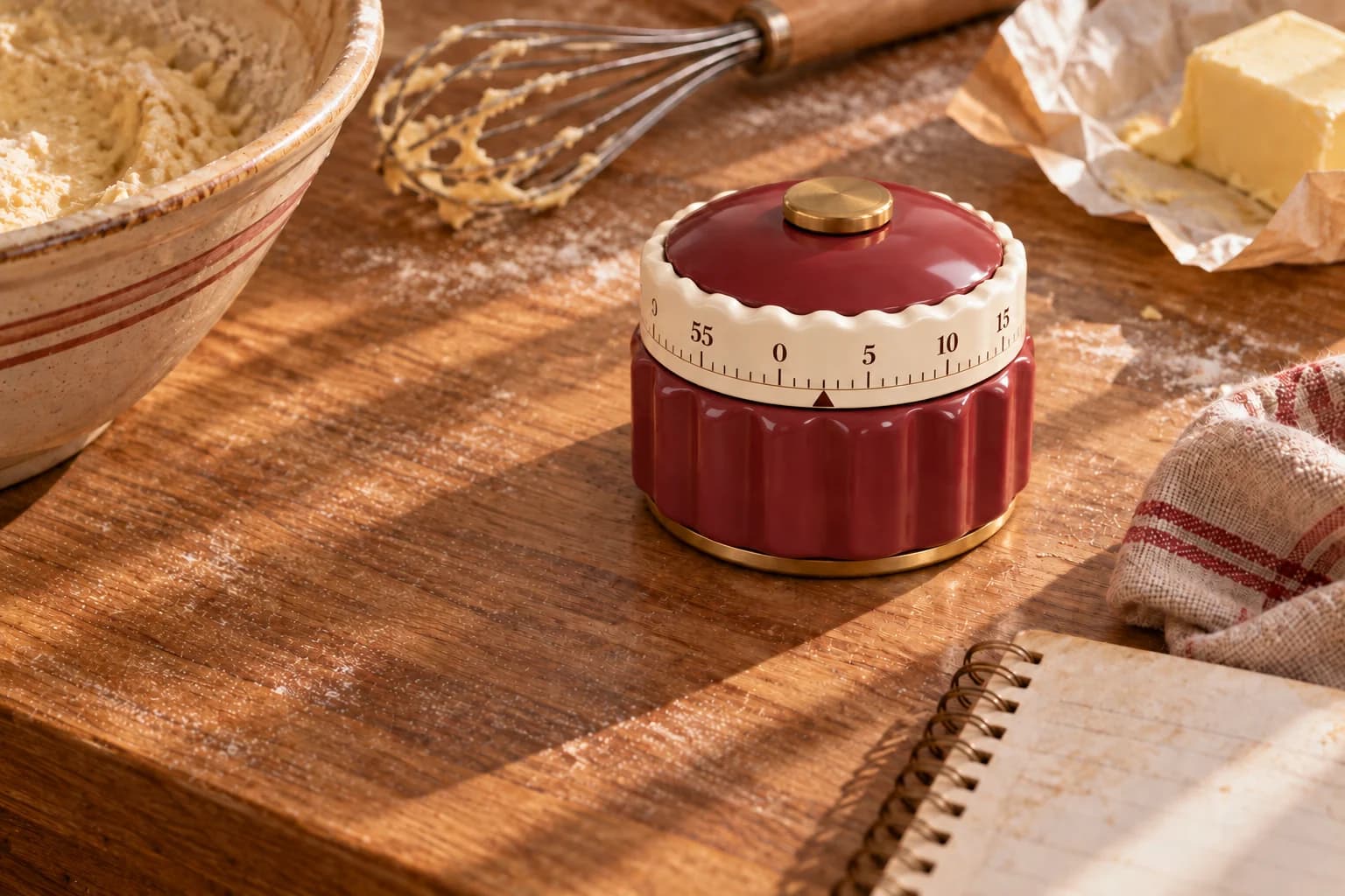 Cranberry timer beside a mixing bowl, whisk, butter and recipe notebook on a flour-dusted counter