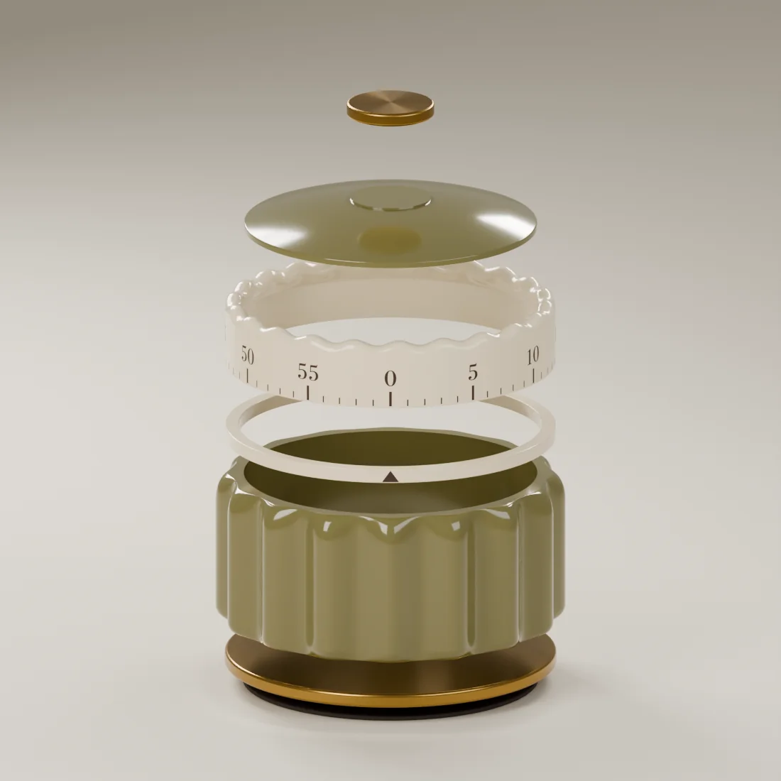 Exploded digital exterior study: crown, dome, numbered band, pointer collar, scalloped body, base and underside pad separated vertically; no mechanism shown