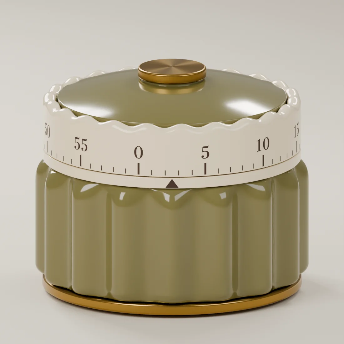 Digital Olive appearance study with a scalloped body, cream dial and brass-tone accents